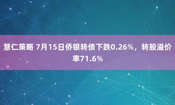慧仁策略 7月15日侨银转债下跌0.26%，转股溢价率71.6%